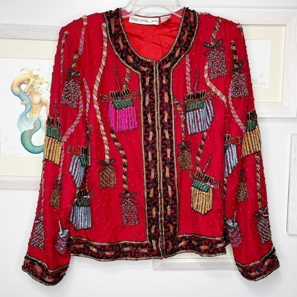 SCALA Vintage Silk Beaded Christmas Presents Blazer Size Large